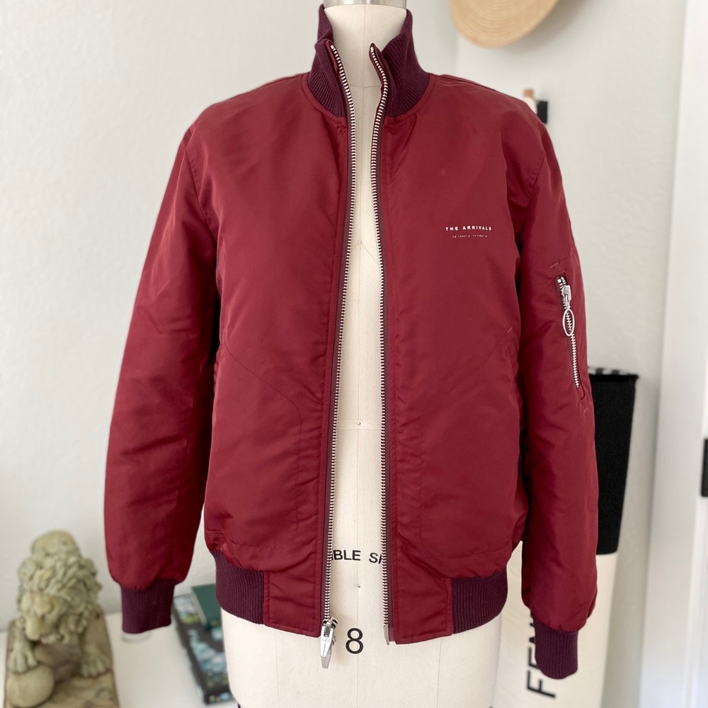The Arrivals Neils Nylon Unisex Bomber Jacket in Crimson, Womens Small, Mens XS